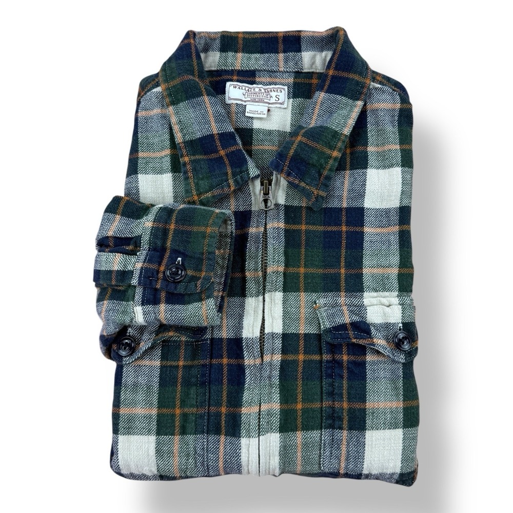 Wallace & Barnes Small Plaid Cotton Shacket Zip Jacket Green‎ Orange Blue Cream